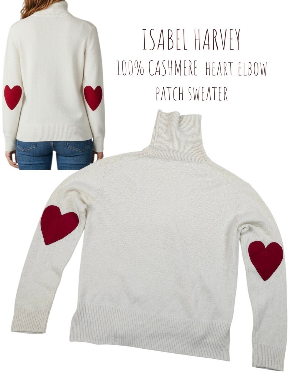 Isabel Harvey cashmere Red heart elbow patch Turtleneck knit Sweater Cream S / M